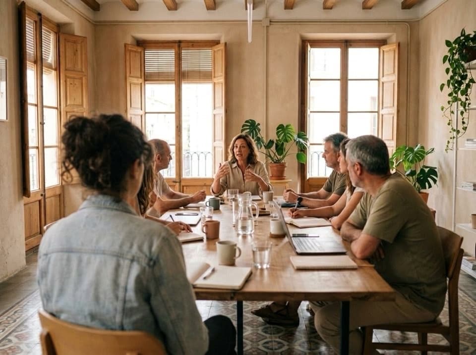 De dos, au premier plan, une femme en veste en jean est assise à une longue table de réunion ; au fond, une femme mène la discussion devant l’équipe, sous de grandes fenêtres.