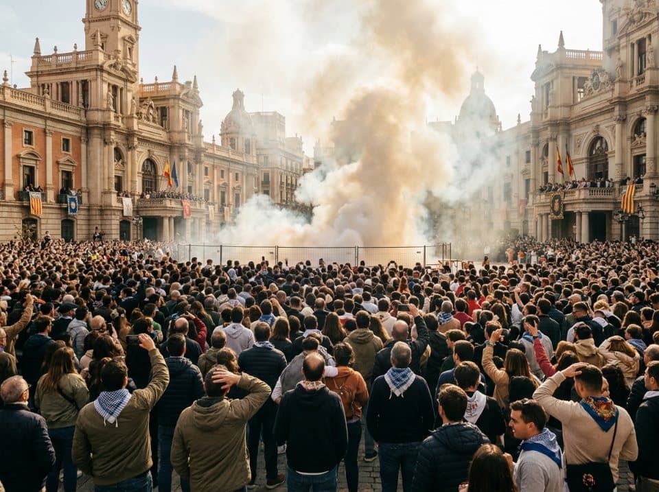 Pendant les Fallas, une foule serrée sur une grande place de Valence regarde monter la fumée d’une mascletà.