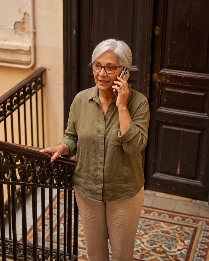 Sur le palier carrelé d’un vieil immeuble de Valence, Marta, cheveux gris et lunettes, sourit au téléphone, une main sur la rampe en fer forgé.