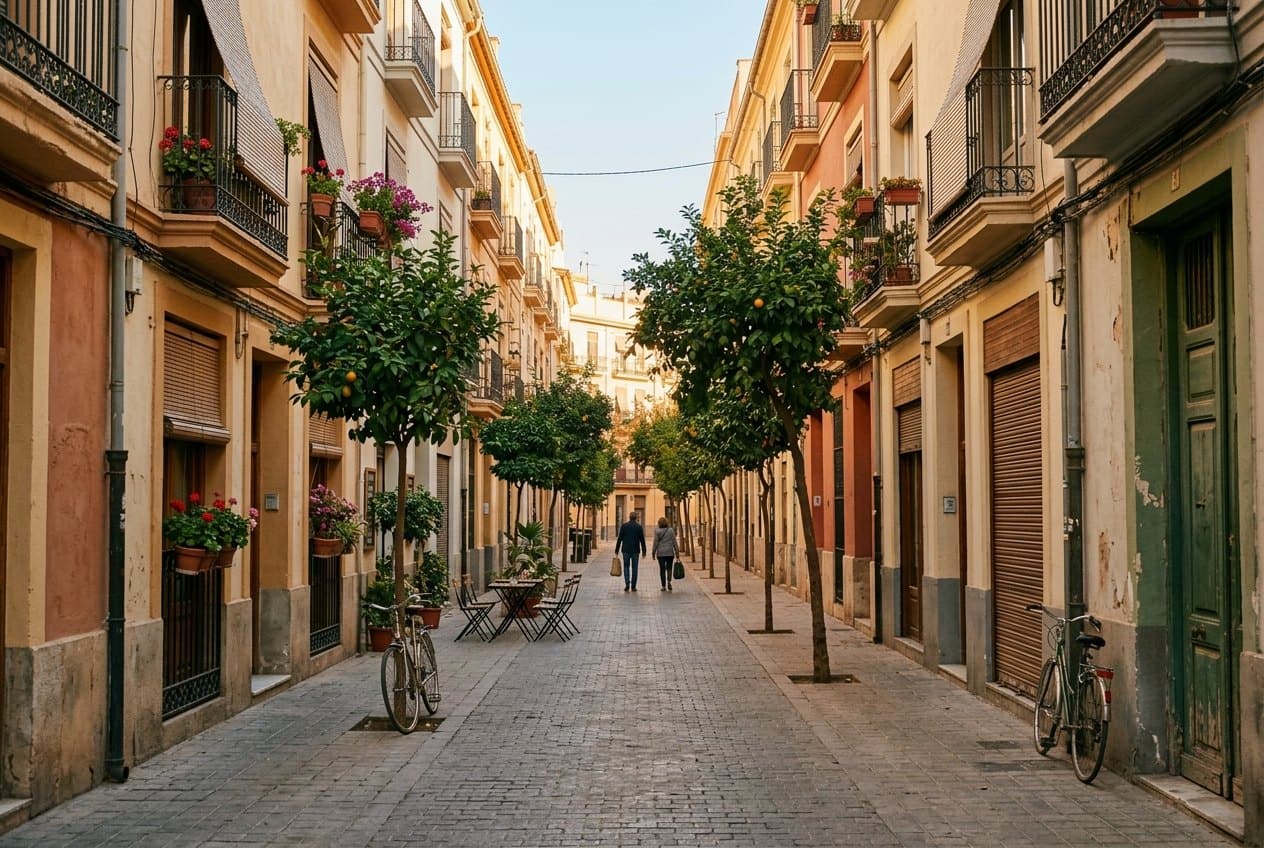 Une rue de Ruzafa, à Valence, en fin d’après-midi : façades ocre, balcons fleuris, une rangée d’orangers et deux passants au loin.
