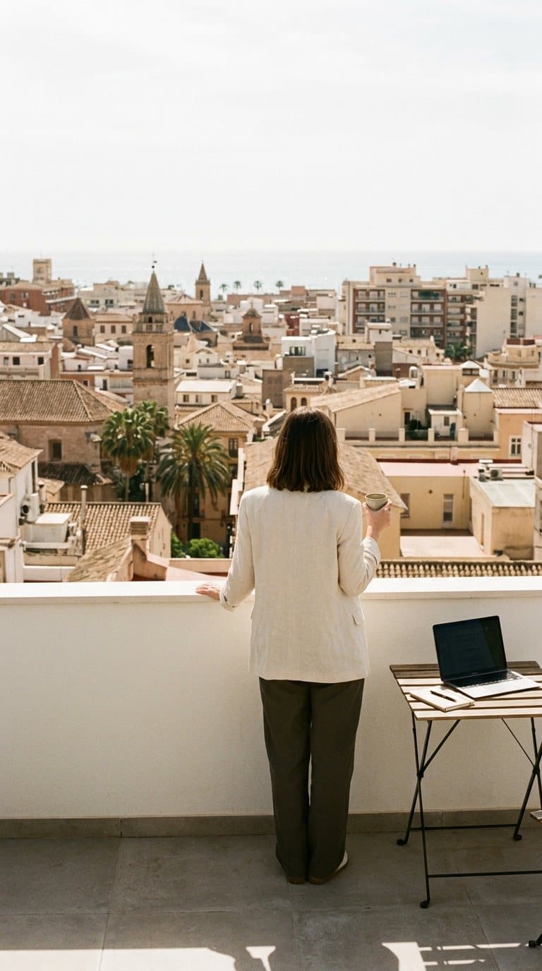 De dos, sur une terrasse, une femme regarde les toits de Valence jusqu’à la mer ; un ordinateur portable est ouvert sur une petite table.