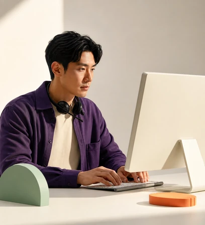 Adult typing a response at a neutral computer workstation