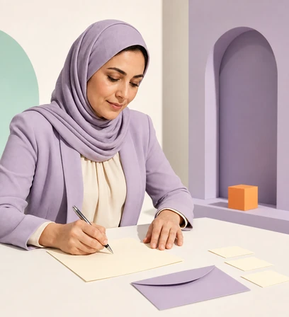 Adult writing a practical letter in a lavender studio set