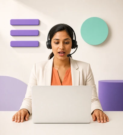 Adult reading aloud through a headset microphone at a neutral screen