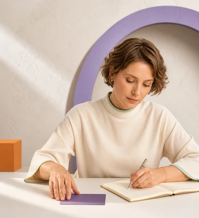 Adult comparing an instruction before writing a response in a notebook