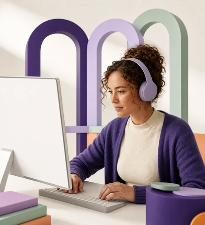 Adult listening through headphones while typing on a computer