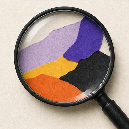 A magnifying glass reveals several layers of coloured evidence