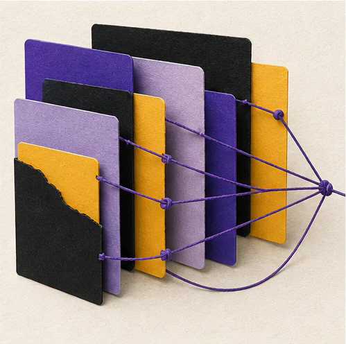 Coloured memory cards remain connected by threads