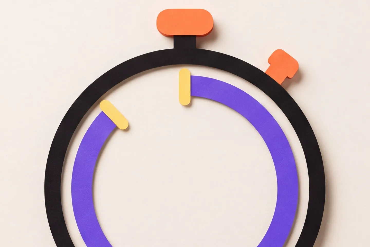A paper stopwatch with a violet arc nearing the finish