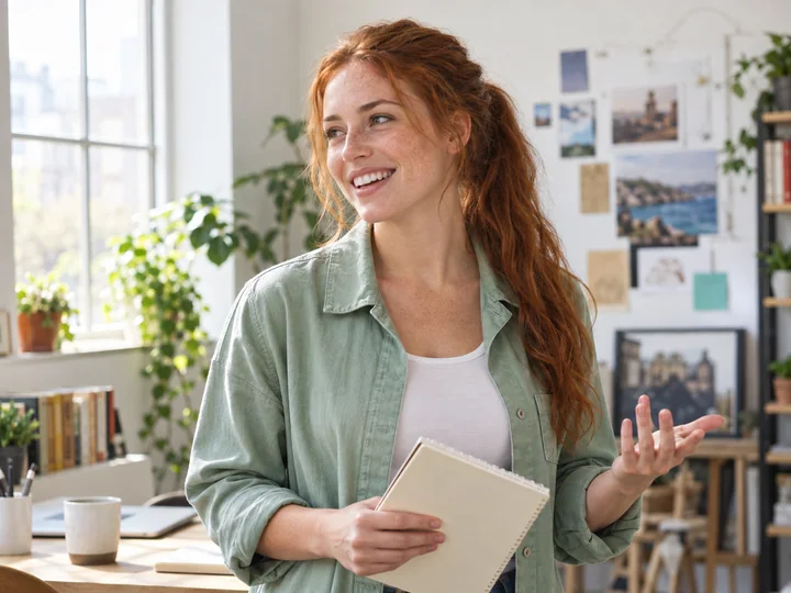 Jeune femme rousse expliquant une idée avec un carnet à la main