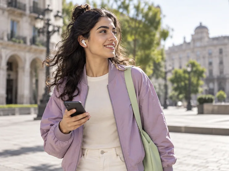 Jeune femme aux écouteurs sans fil marchant dans une place lumineuse, téléphone à la main